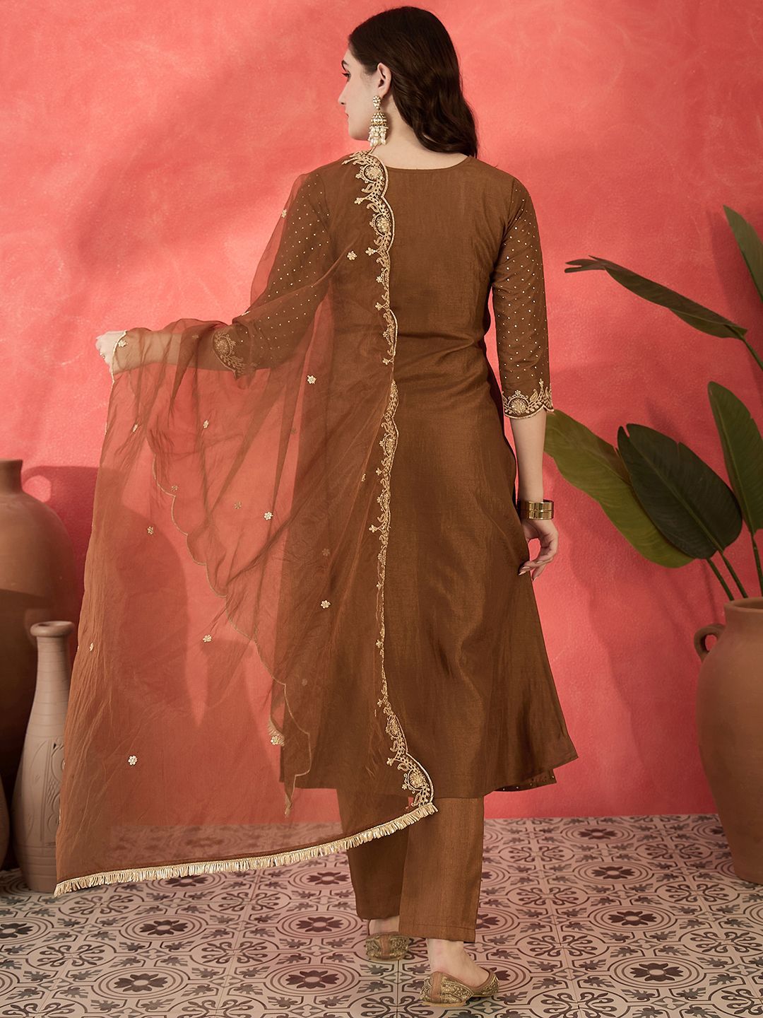 Dhiyona SN Women's Zari Sequence Printed Embroidered Straight Kurta & Trouser With Dupatta