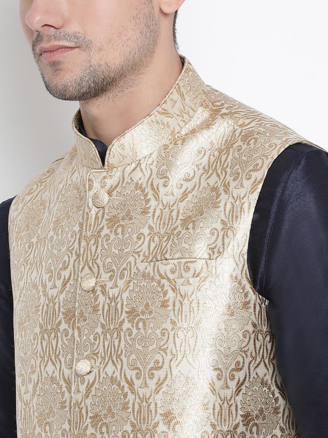 Men's Dark Blue Silk Blend Straight Jacket  Kurta and Dhoti Set