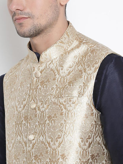 Men's Dark Blue Silk Blend Straight Jacket  Kurta and Dhoti Set