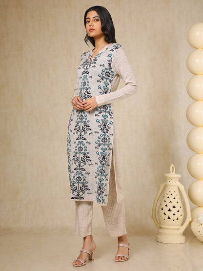 Dhiyona SO Women's Off White Floral Woven Design Mandarin Collar Acrylic Straight Kurta With Trouser