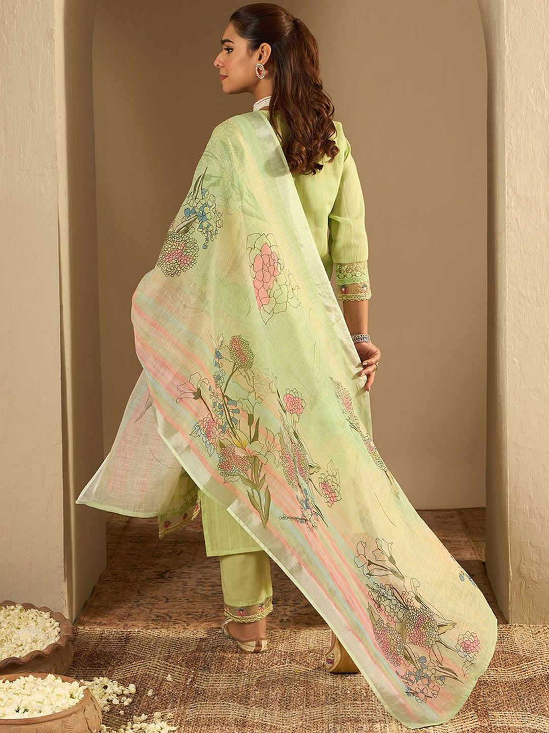 Floral Embroidered Pure Cotton Straight Kurta With Trousers & Dupatta