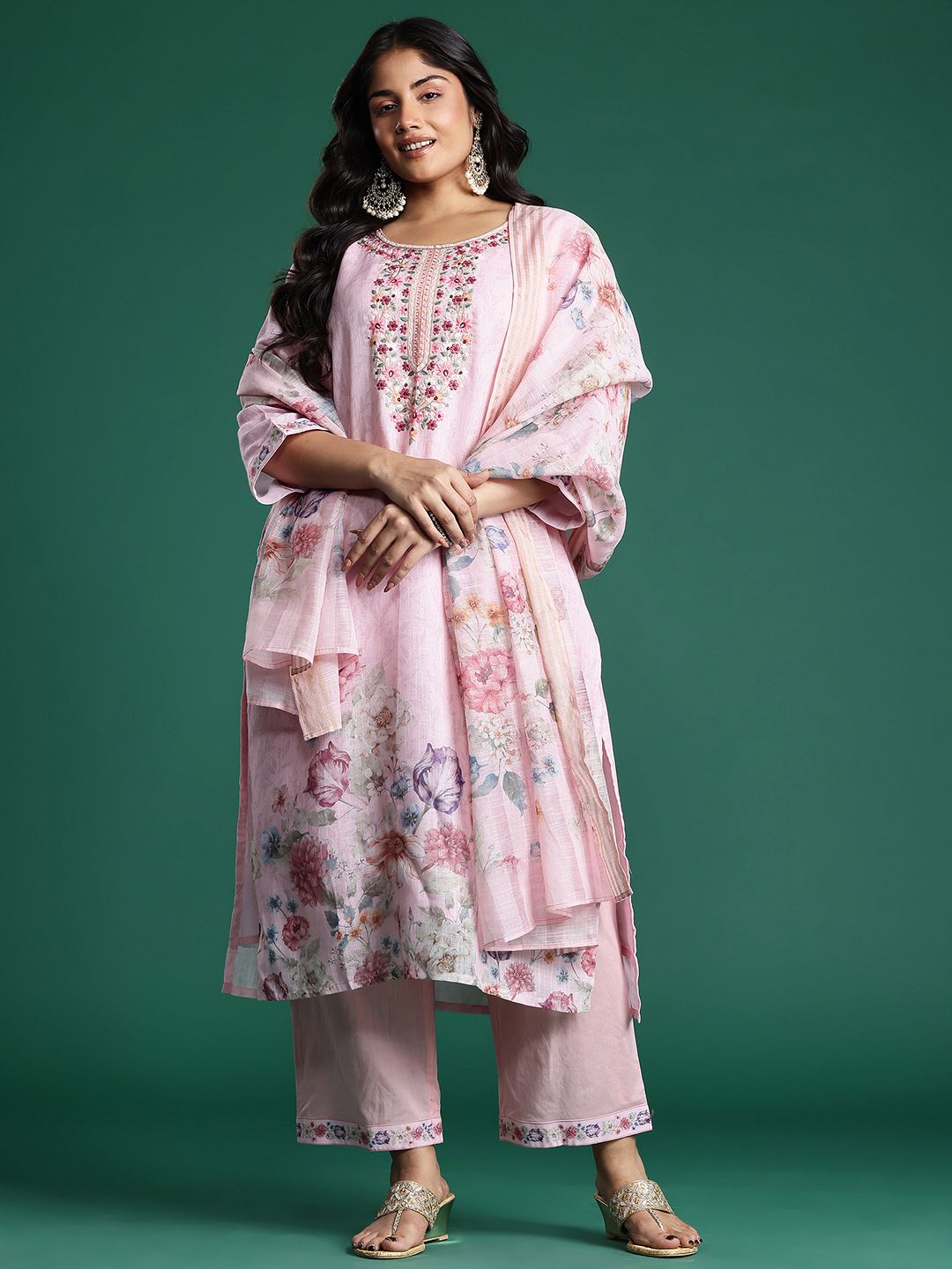Plus Size Floral Print Thread Work Kurta with Palazzos & Dupatta