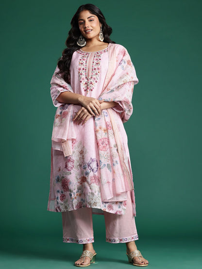 Plus Size Floral Print Thread Work Kurta with Palazzos & Dupatta