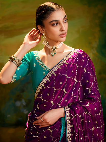 Dhiyona KM Women Maroon Designer Silk Saree With Sequin Work & Teal Blouse