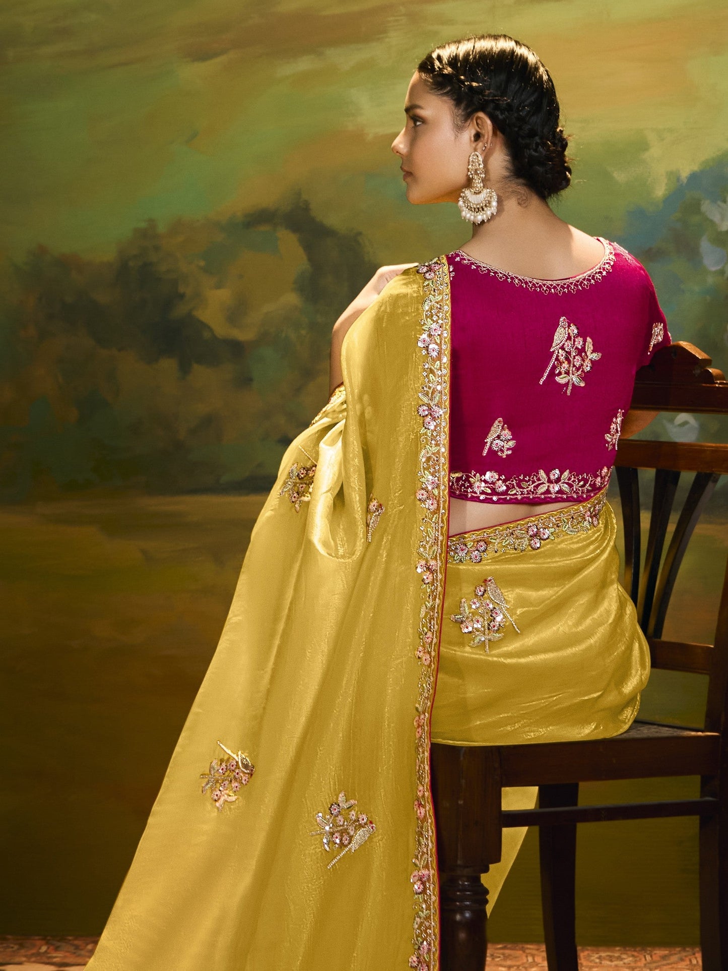 Dhiyona KM Women Sunshine Elegance: Yellow Silk Saree With Red Blouse & Colorful Embroidery