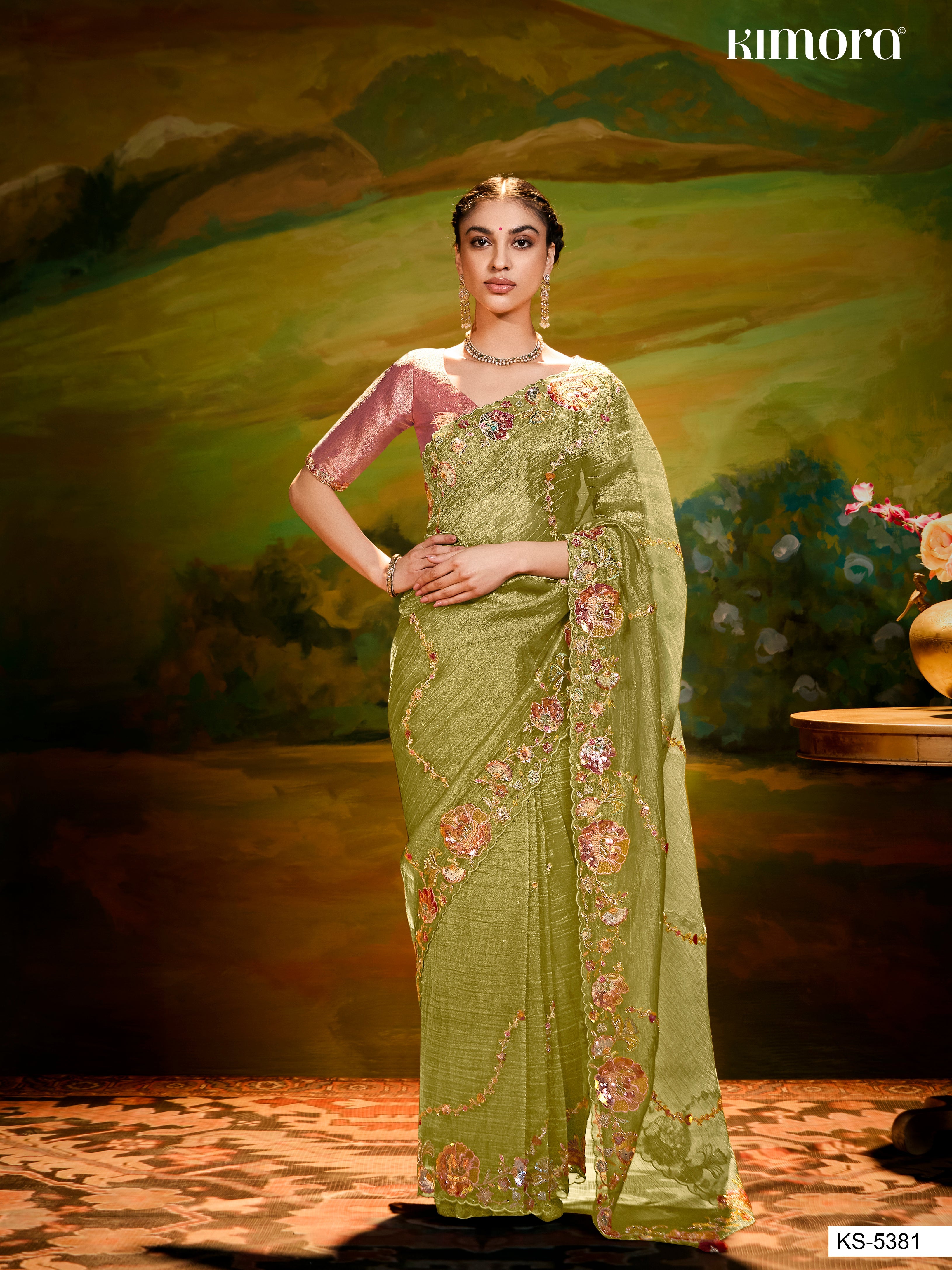 Dhiyona KM Women Olive Green Pure Silk Saree
