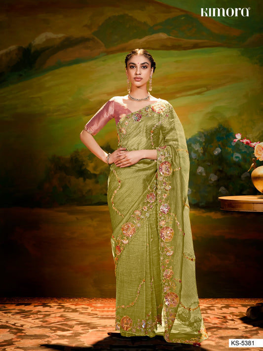 Dhiyona KM Women Olive Green Pure Silk Saree