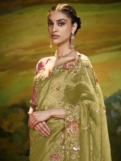 Dhiyona KM Women Olive Green Pure Silk Saree
