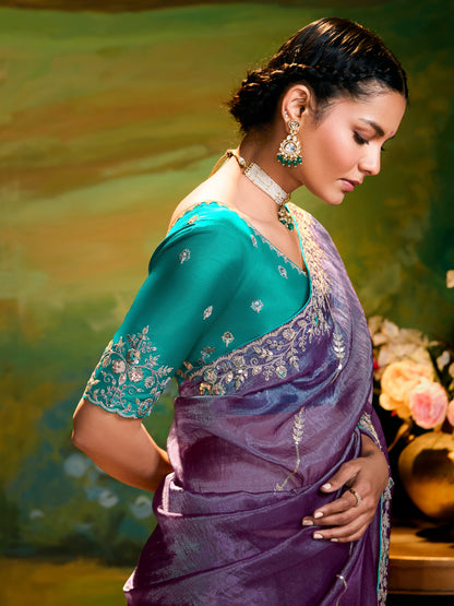 Dhiyona KM Women Lavender Organza Saree With Teal Blouse