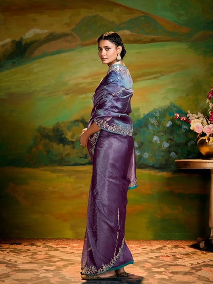 Dhiyona KM Women Lavender Organza Saree With Teal Blouse
