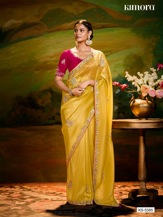 Dhiyona KM Women Sunshine Elegance: Yellow Silk Saree With Red Blouse & Colorful Embroidery