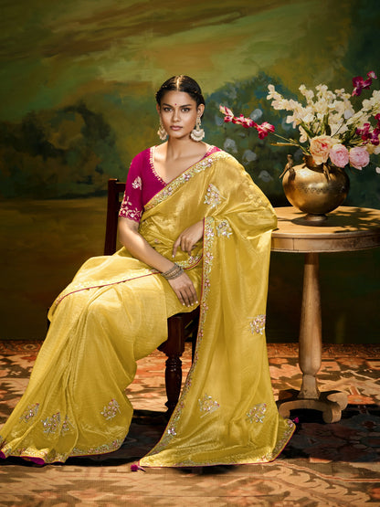 Dhiyona KM Women Sunshine Elegance: Yellow Silk Saree With Red Blouse & Colorful Embroidery