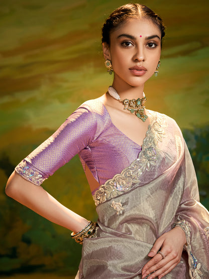 Dhiyona KM Women Graceful Gray Saree With Purple Blouse