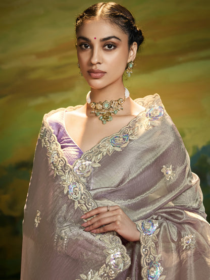 Dhiyona KM Women Graceful Gray Saree With Purple Blouse