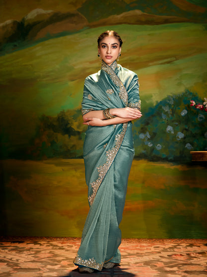 Dhiyona KM Women Dark Green Fancy Embroidery Saree With Handwork