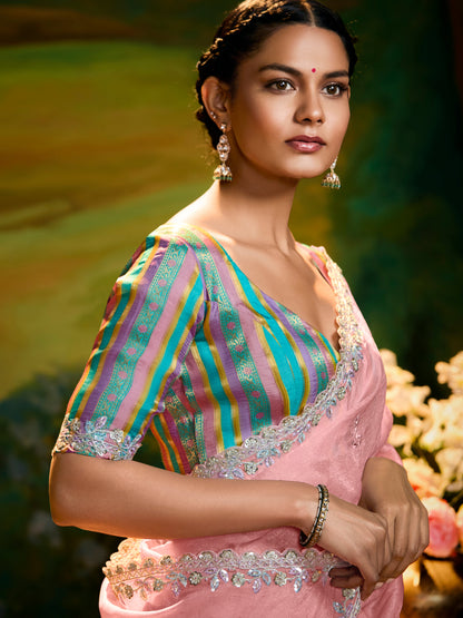 Dhiyona KM Women Embroidery Designer Peach Fancy Wedding Saree With Multi-Color Silk Blouse