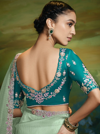 Dhiyona KM Women Elegant Sea Green Pure Tissue Silk Saree With Floral Embroidery