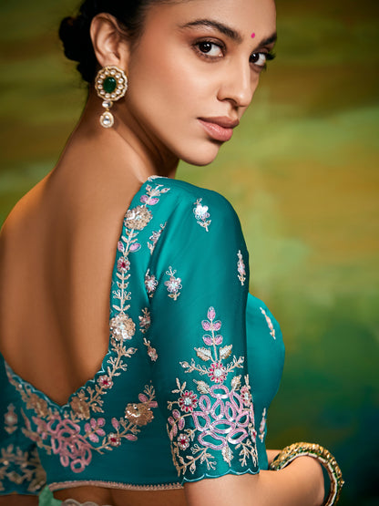 Dhiyona KM Women Elegant Sea Green Pure Tissue Silk Saree With Floral Embroidery