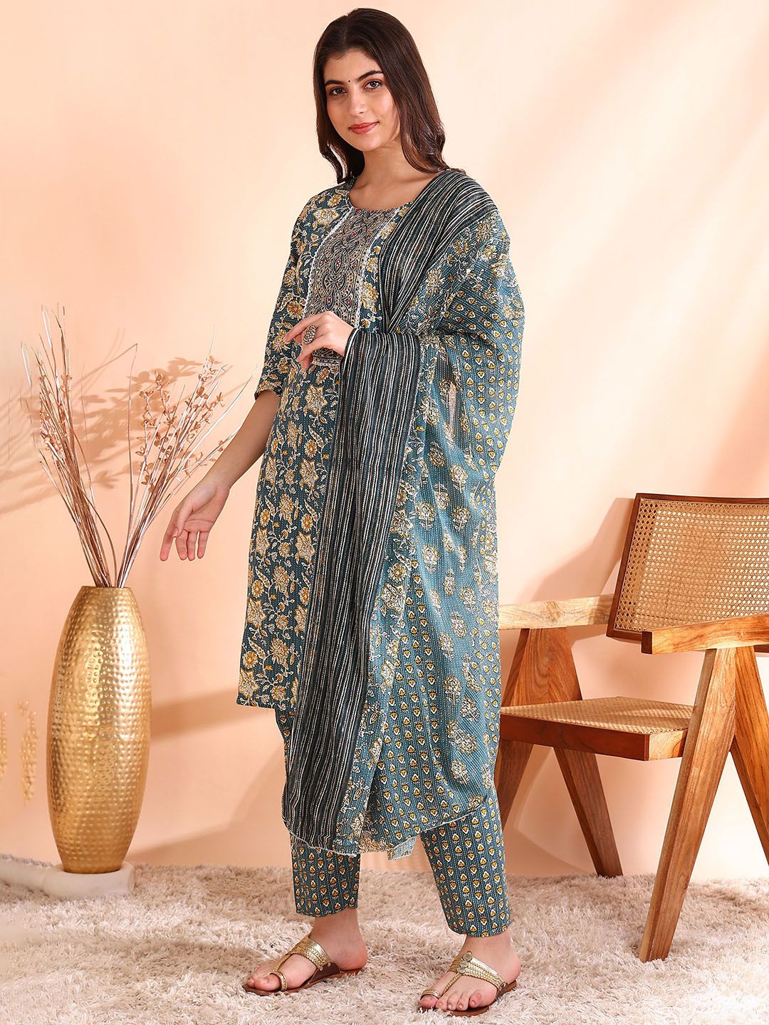 Dhiyona OD  Printed Mirror Work Pure Cotton Kurta With Trousers & Dupatta