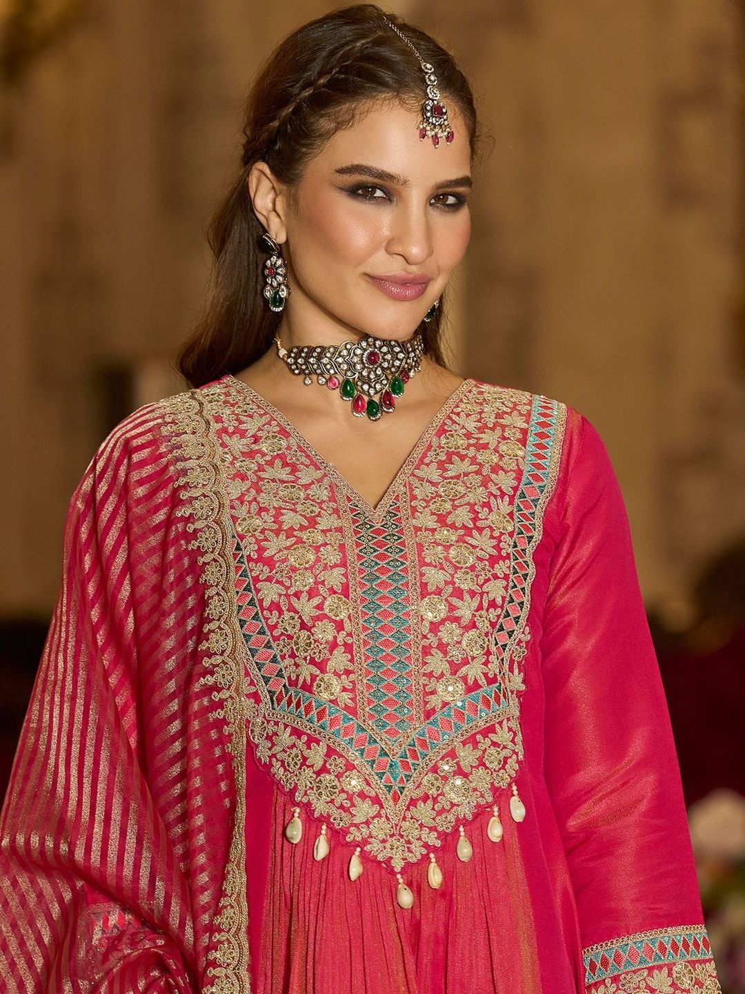 Floral Embroidered V-Neck A-Line Kurta With Trousers & Dupatta