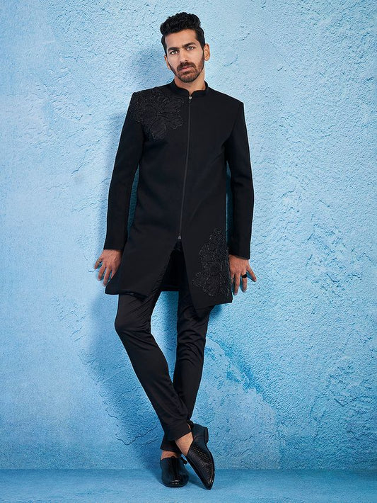 Men's Black Imported Suiting Lycra Straight Sherwani Only Top