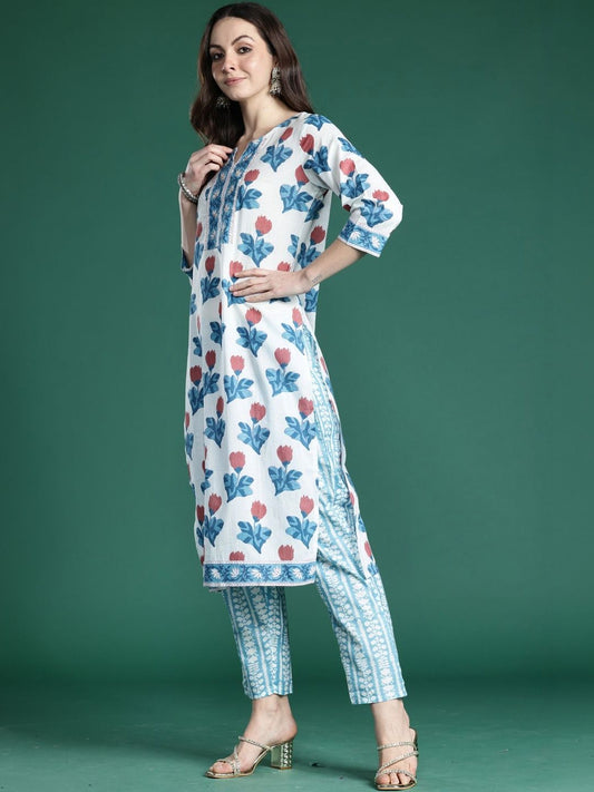 Women Floral Printed Regular Thread Work Pure Cotton Kurta with Trousers & With Dupatta