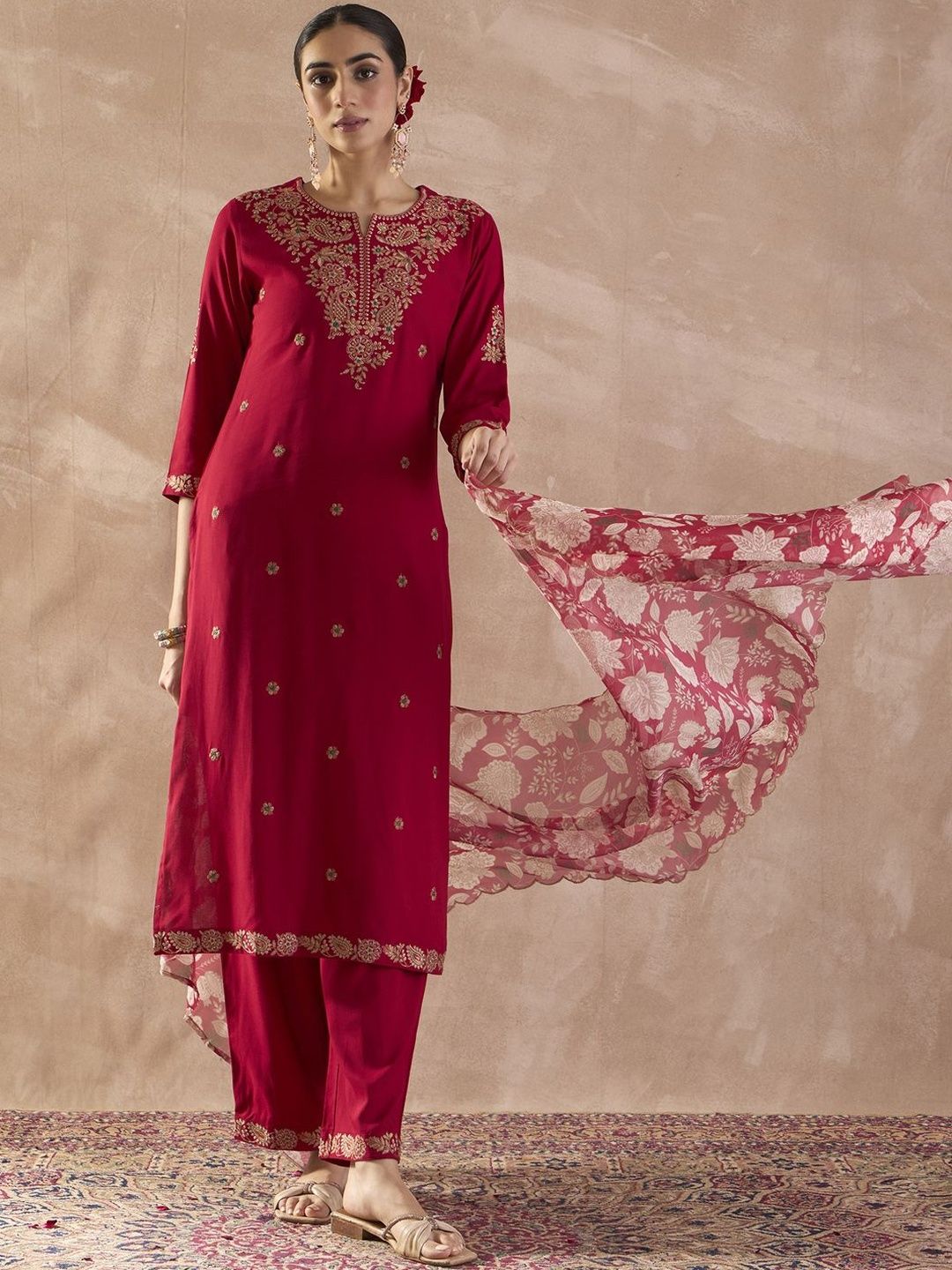 Ethnic Motifs Embroidered Notch Neck Thread Work Kurta With Trousers & Dupatta