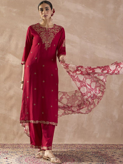 Ethnic Motifs Embroidered Notch Neck Thread Work Kurta With Trousers & Dupatta