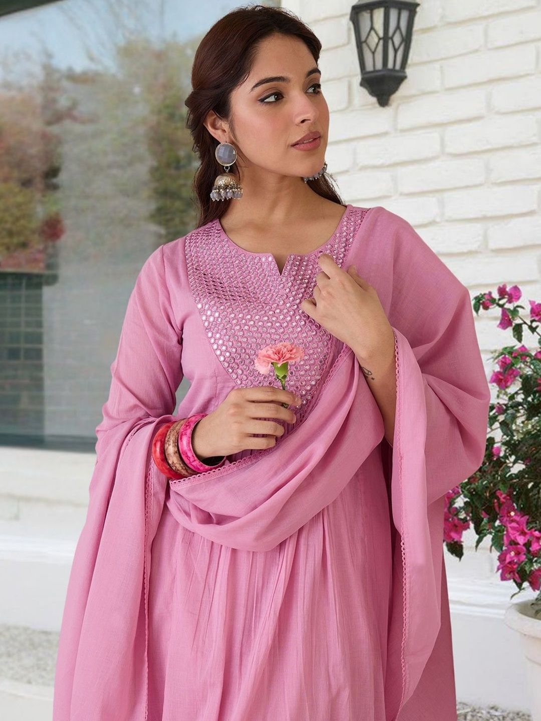 Dhiyona IE Women Embroidered Pleated Mirror Work Pure Cotton Kurta with Churidar & With Dupatta