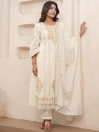 Dhiyona PD Women Floral Embroidered Pure Cotton Kurta & Trousers With Dupatta
