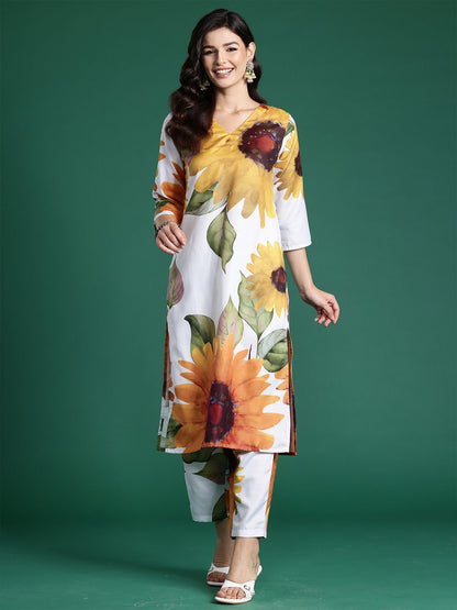 Floral Printed V-Neck Straight Kurta With Trouser