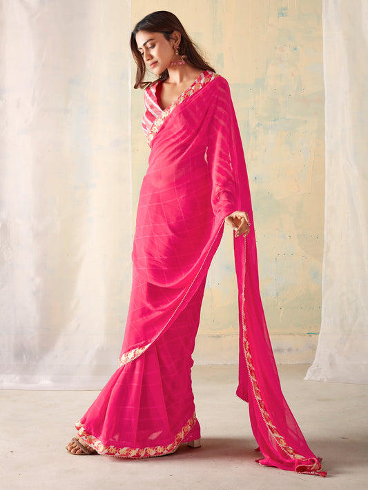 Women's Georgette Pink Embellished Designer Saree With Blouse Piece