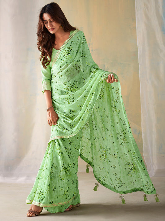 Women's Georgette Light Green Embellished Designer Saree With Blouse Piece
