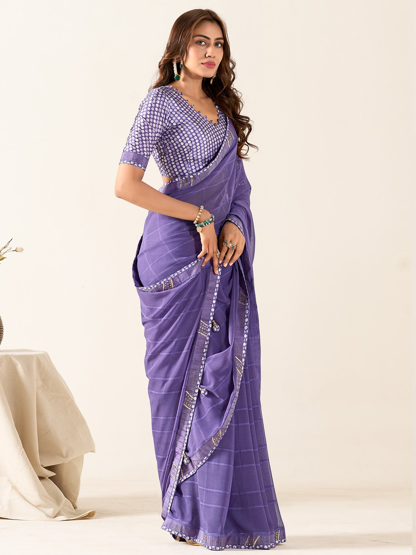 Women's Georgette Purple Printed Designer Saree With Blouse Piece