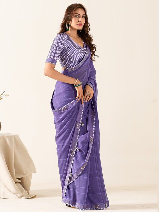 Women's Georgette Purple Printed Designer Saree With Blouse Piece