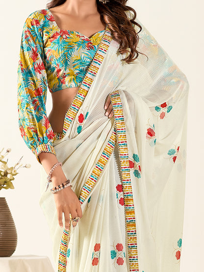 Women's Georgette Cream Printed Designer Saree With Blouse Piece