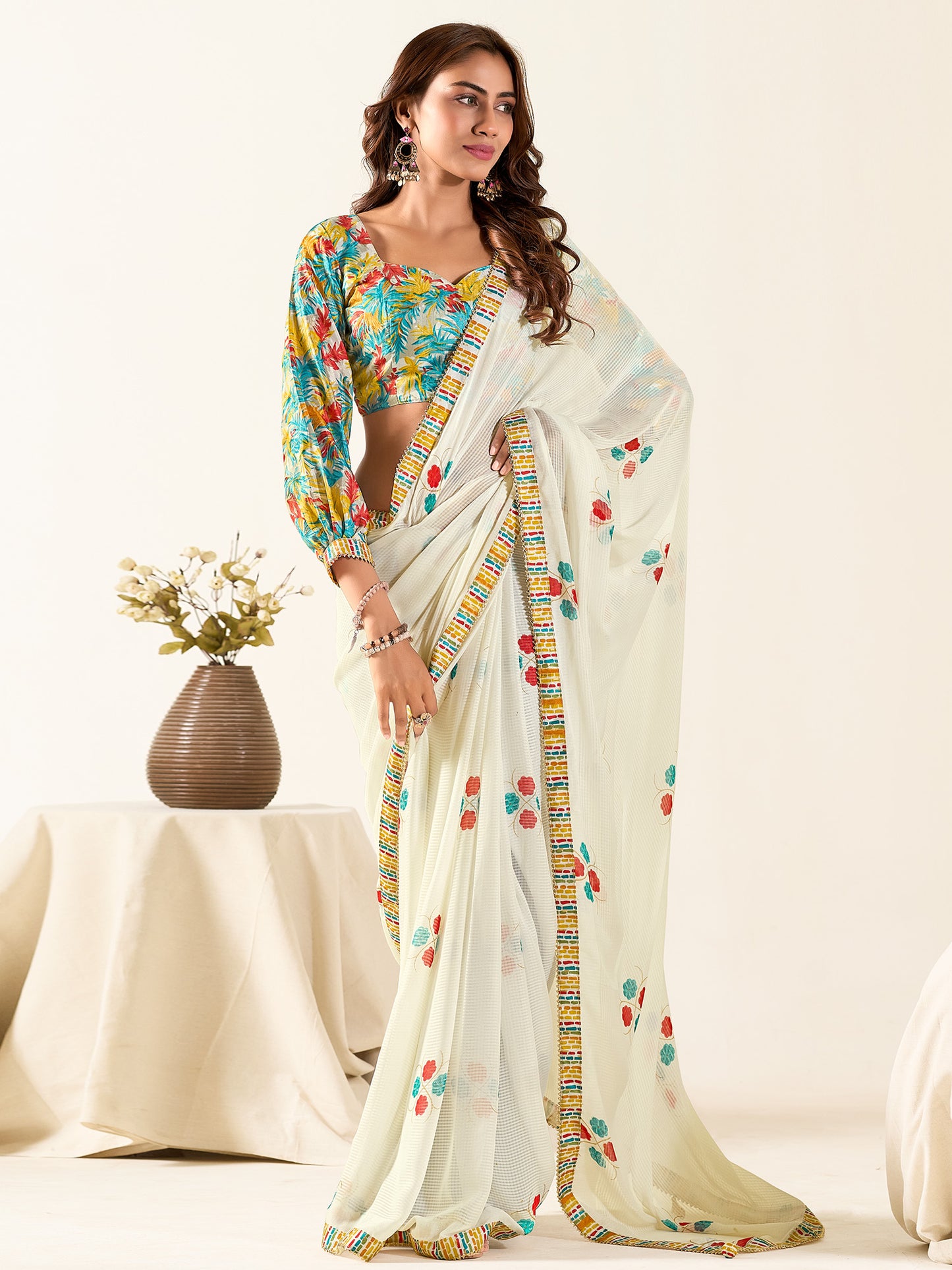 Women's Georgette Cream Printed Designer Saree With Blouse Piece