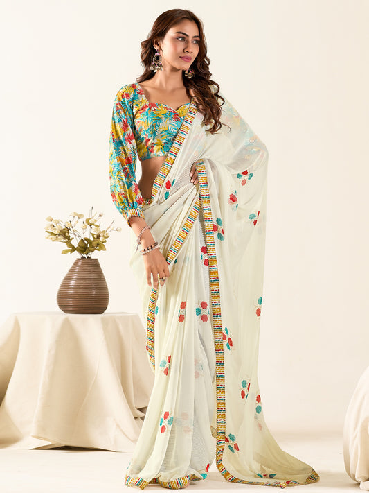 Women's Georgette Cream Printed Designer Saree With Blouse Piece