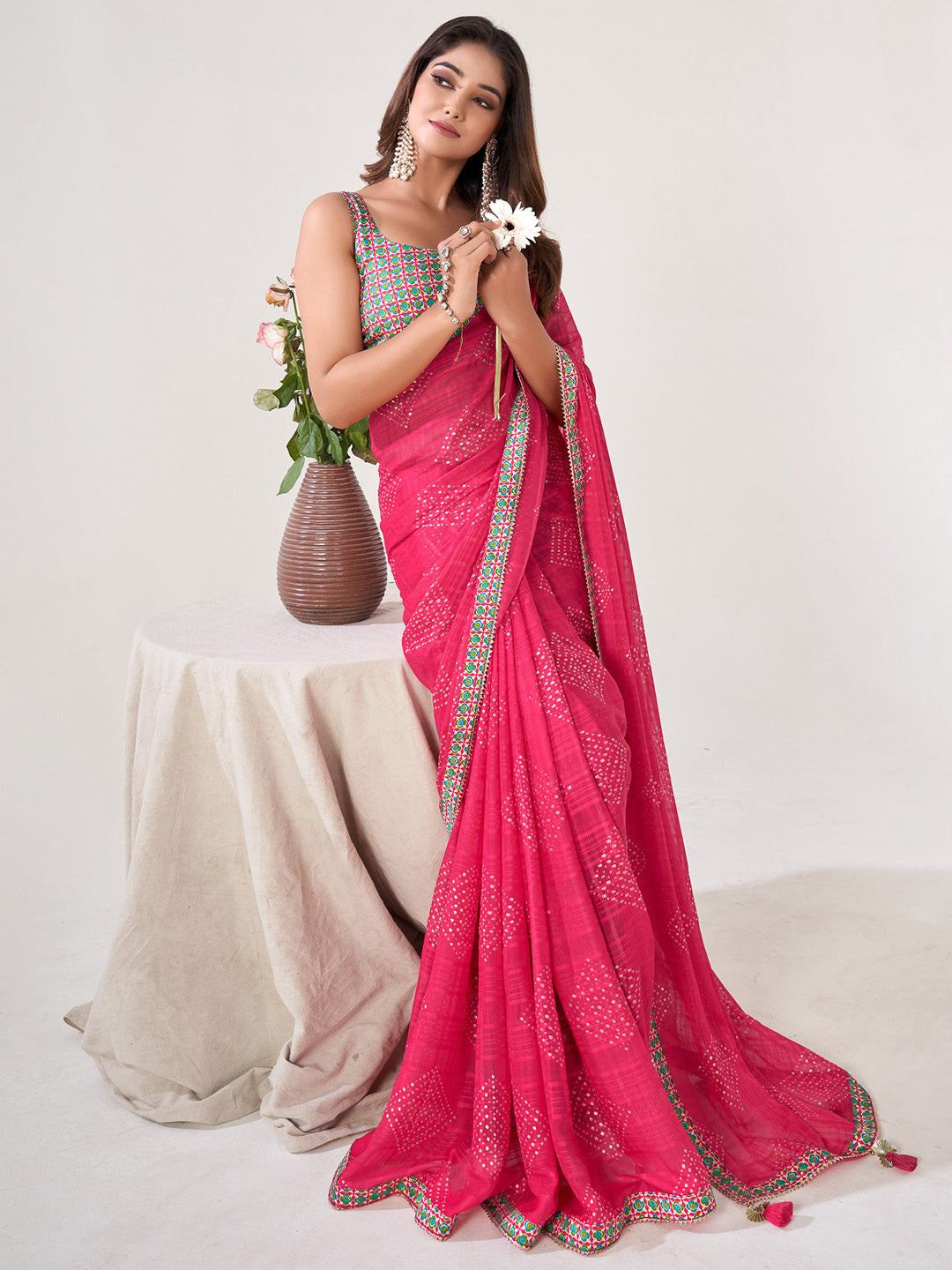 Women's Georgette Green Embellished Designer Saree With Blouse Piece