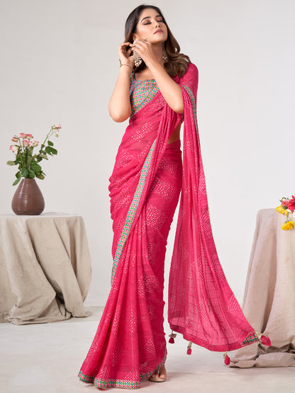 Women's Georgette Green Embellished Designer Saree With Blouse Piece