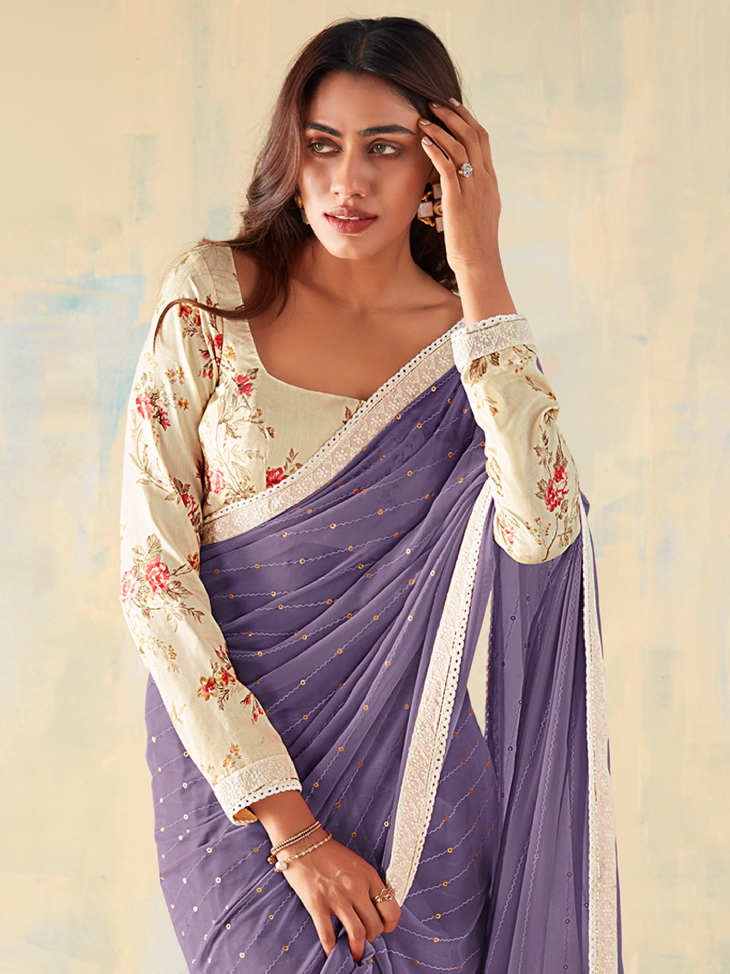 Women's Georgette Violet Embellished Designer Saree With Blouse Piece