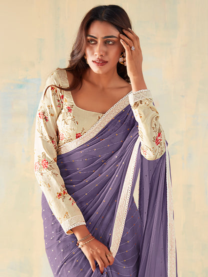 Women's Georgette Violet Embellished Designer Saree With Blouse Piece