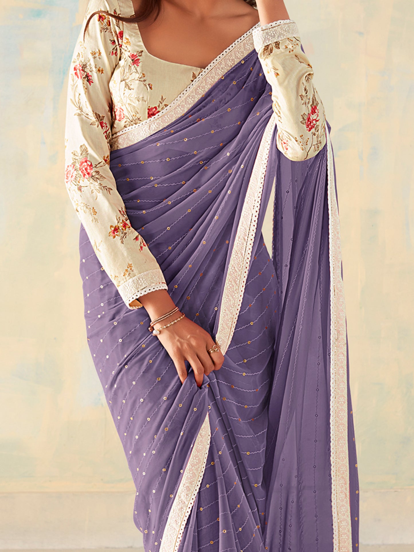 Women's Georgette Violet Embellished Designer Saree With Blouse Piece