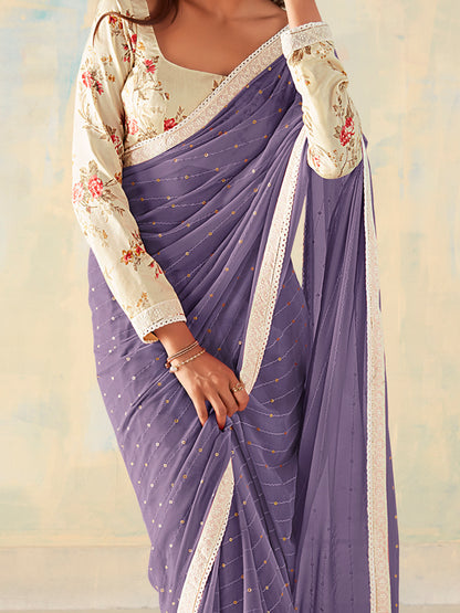 Women's Georgette Violet Embellished Designer Saree With Blouse Piece