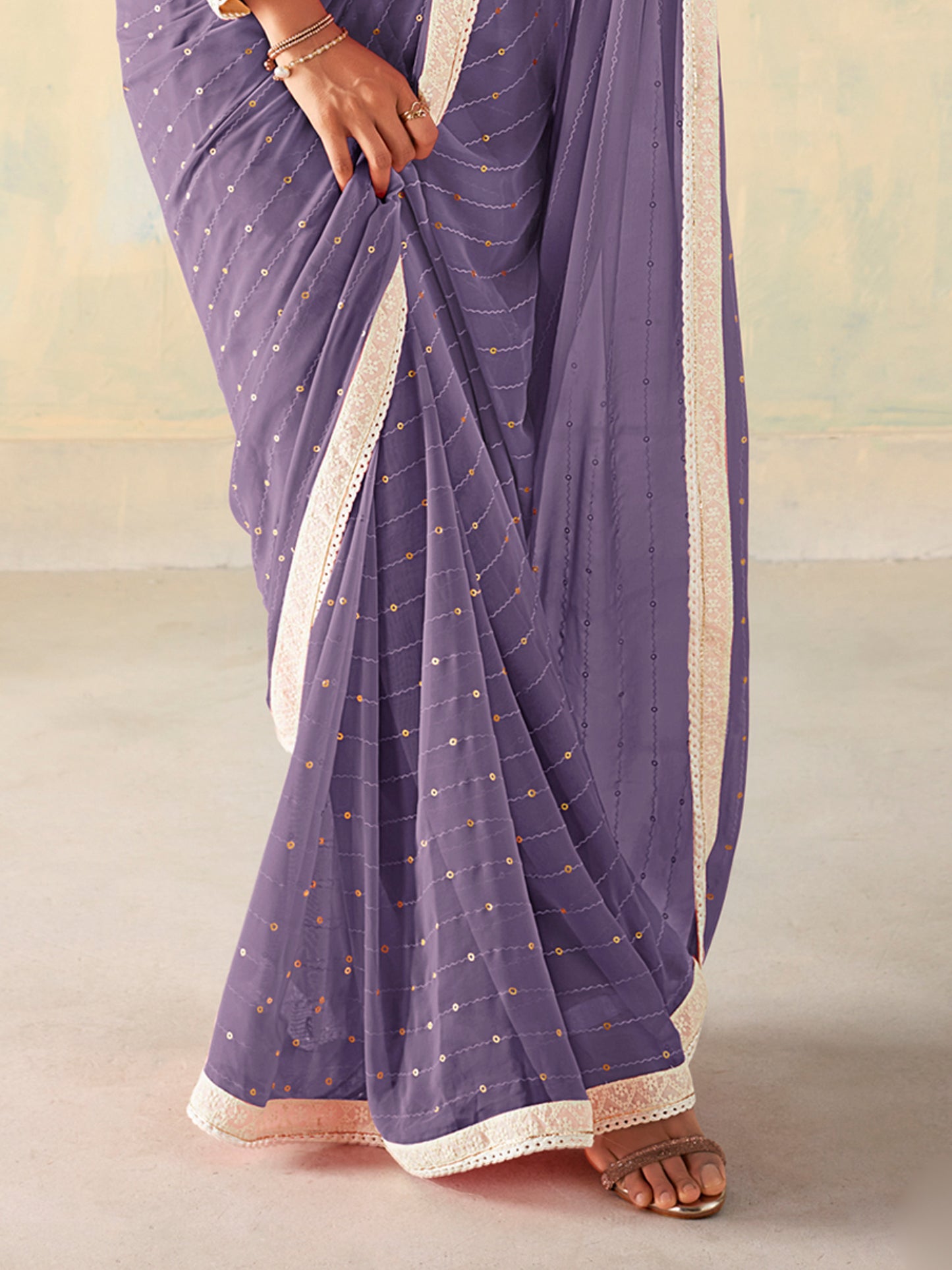 Women's Georgette Violet Embellished Designer Saree With Blouse Piece