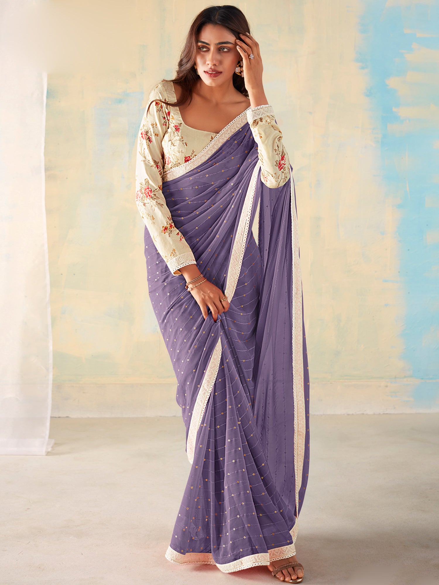 Women's Georgette Violet Embellished Designer Saree With Blouse Piece