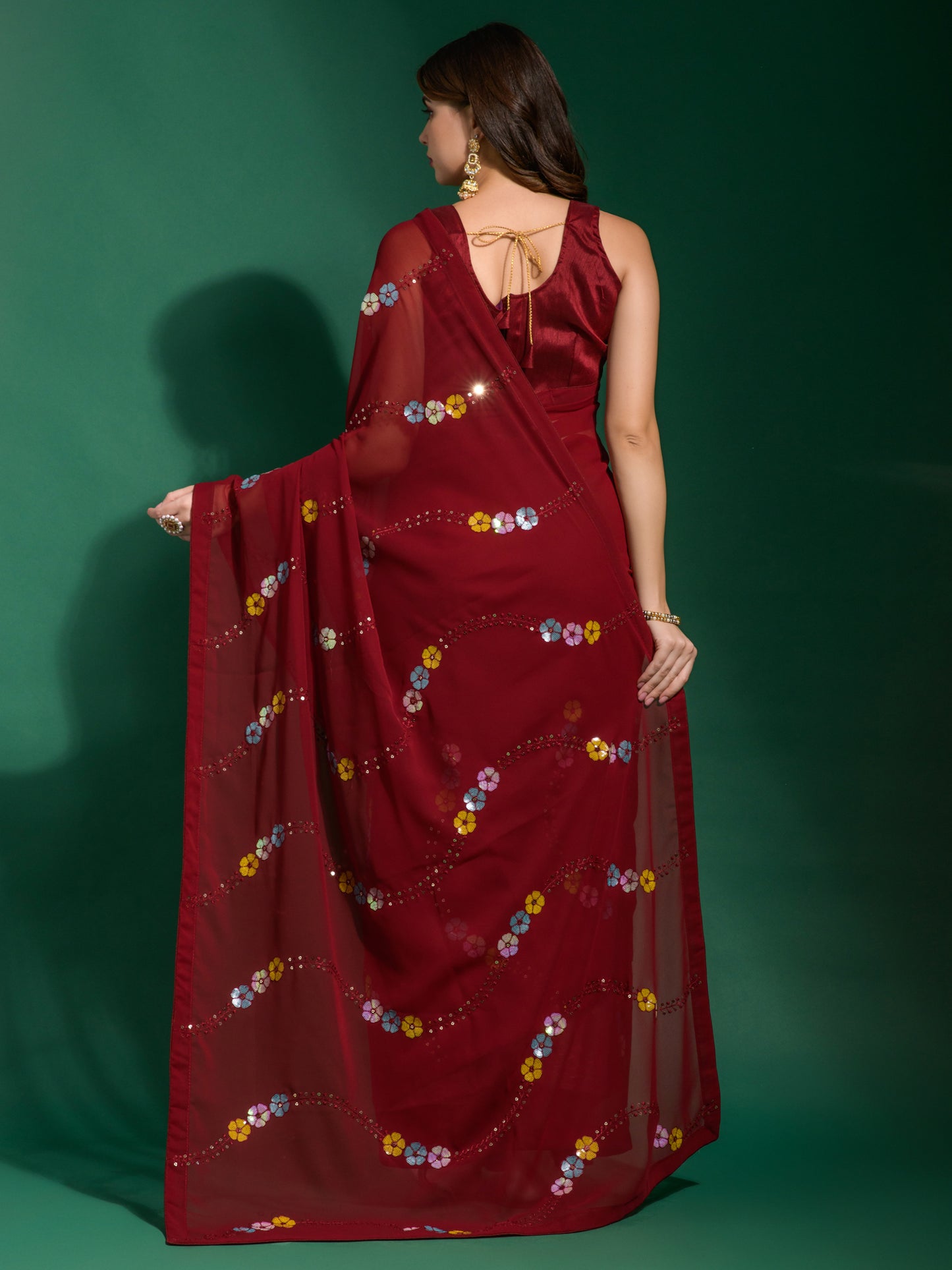 Women's Georgette Maroon Embellished Designer Saree With Blouse Piece