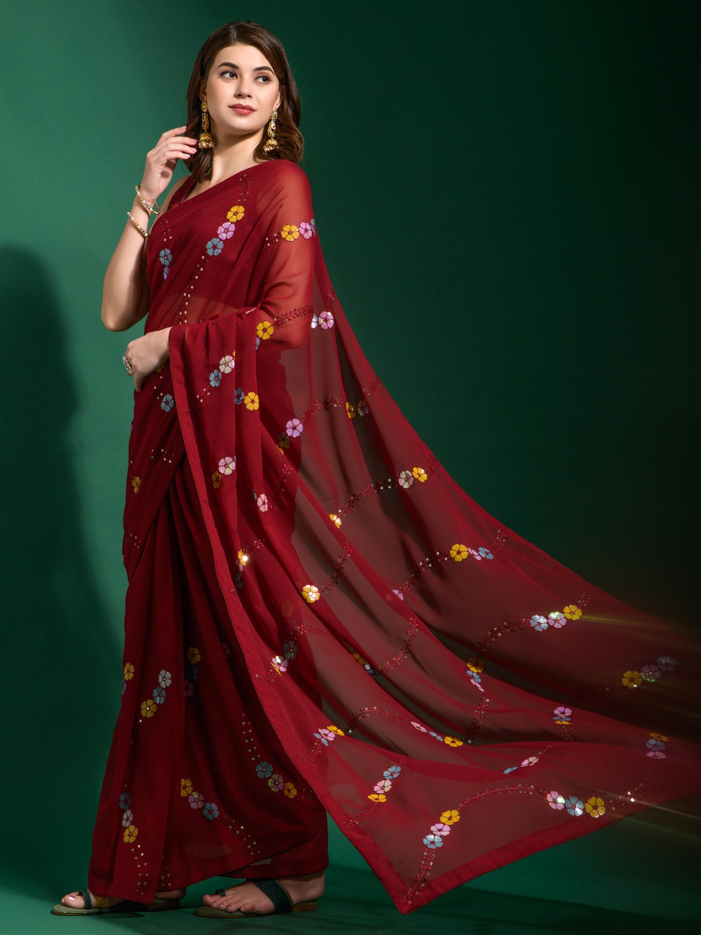 Women's Georgette Maroon Embellished Designer Saree With Blouse Piece