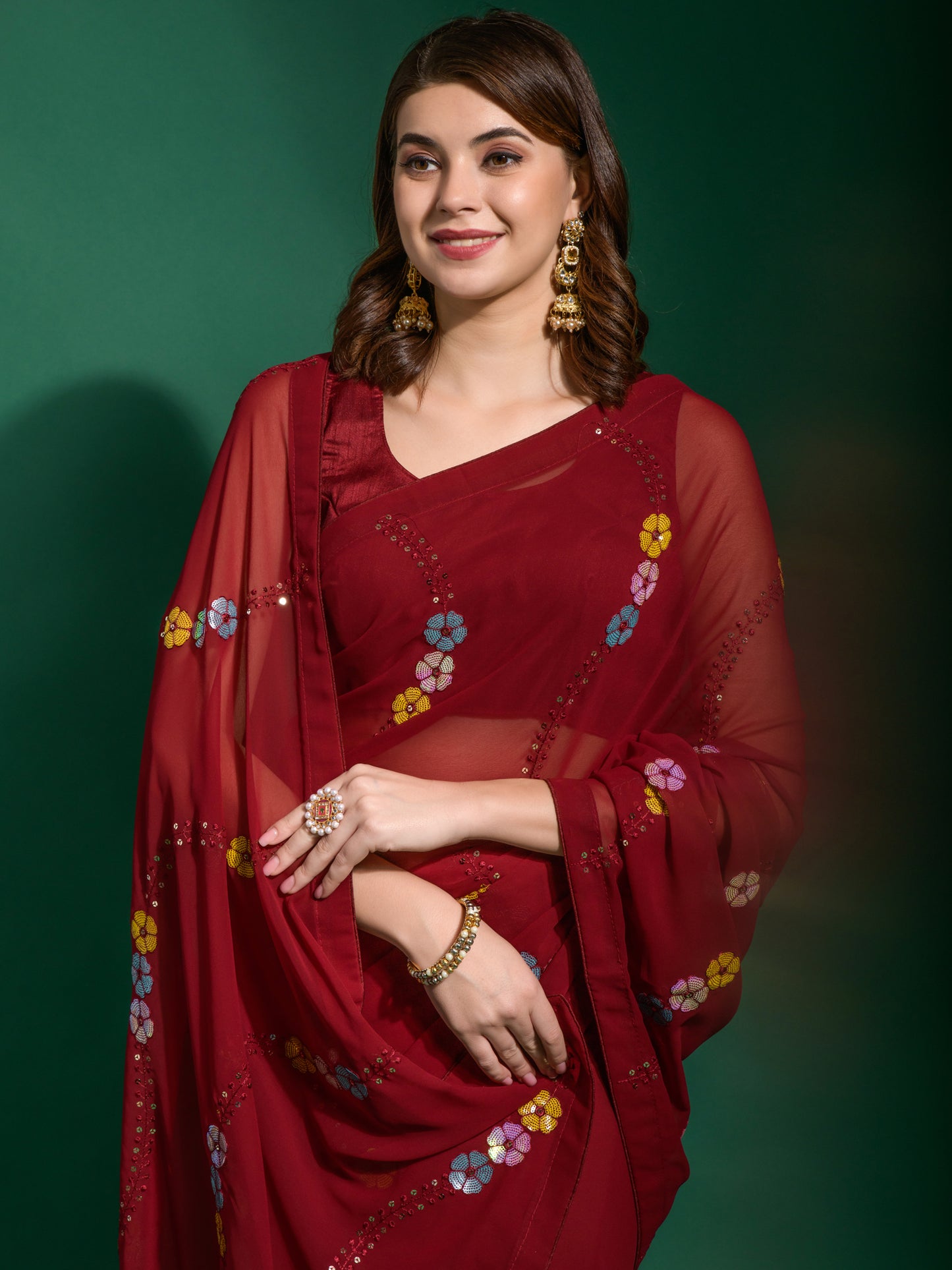 Women's Georgette Maroon Embellished Designer Saree With Blouse Piece