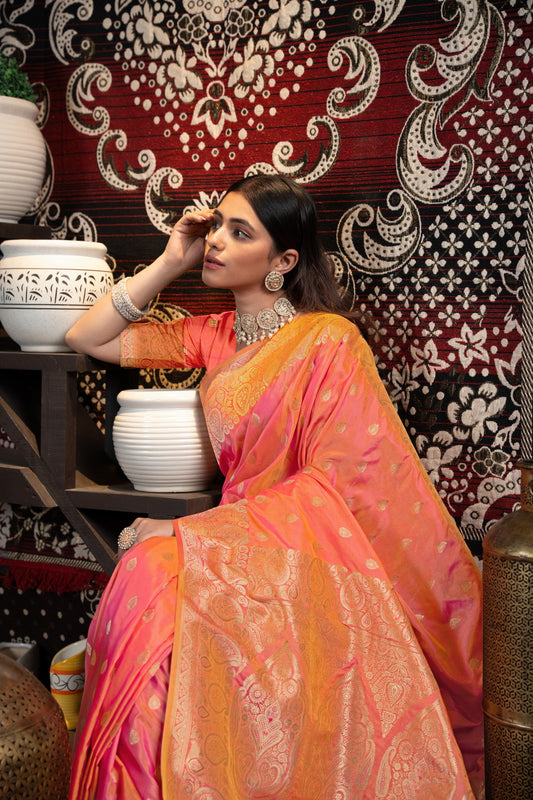 Dhiyona GR Women's Saachi Silk Peach Banarasi Silk Woven Saree